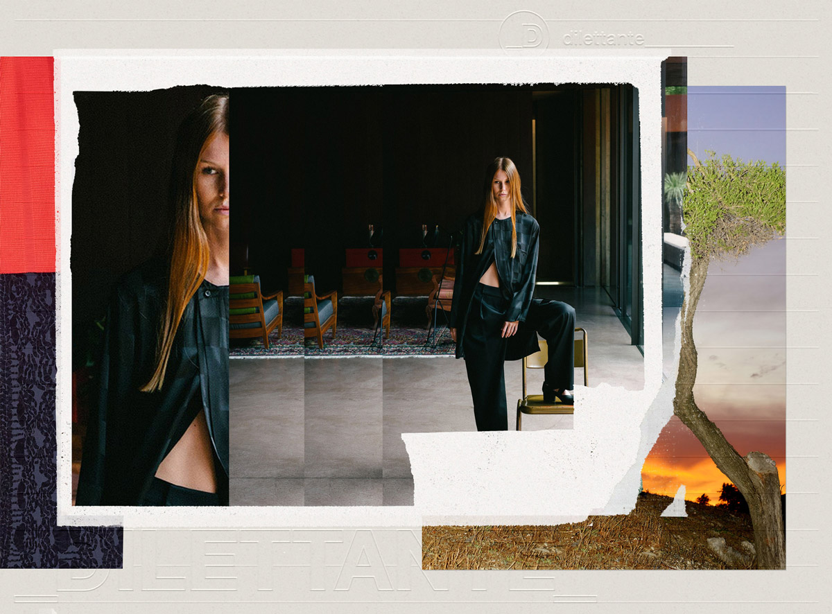 A collage made of torn paper elements, card embossed with the dilettante logo, and photos from Dilettante campaingns