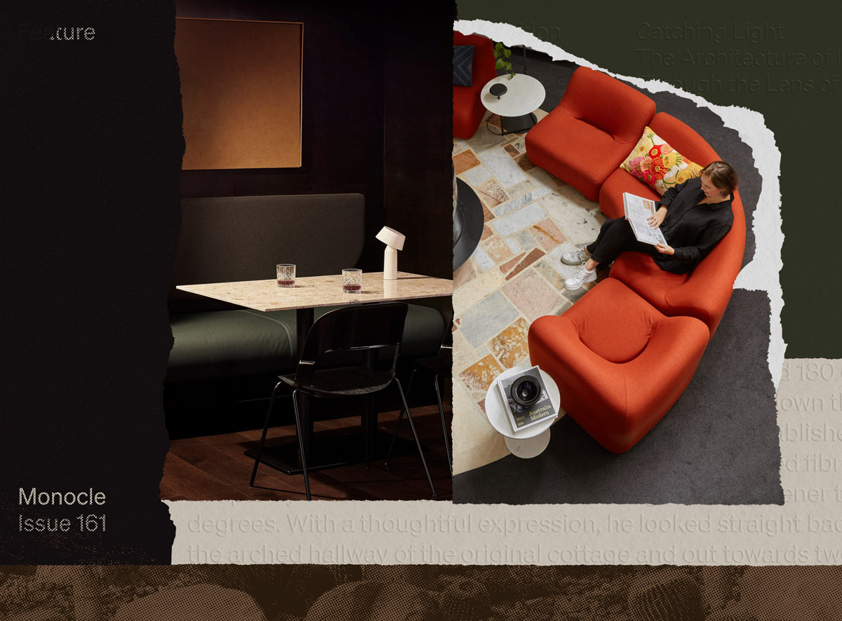 A collage made of elements of social graphics used to create colour strips of charcoal, maroon, amber and green, layered with photos of a bar, a home interiors. The elements are arranged in such a way that lines from one layer to the other.