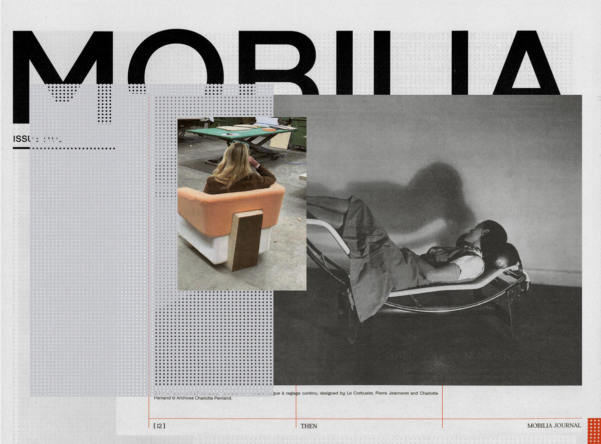A collage made of elements of the printed issue of Mobilia Journal. Built up in layers, the collage incorporates the Mobilia Logo, a light grey perforated panel, a photo of Patricia Urquiola seated in one of her chairs, and a photo of Charlotte Perriand lounging in one of her chairs