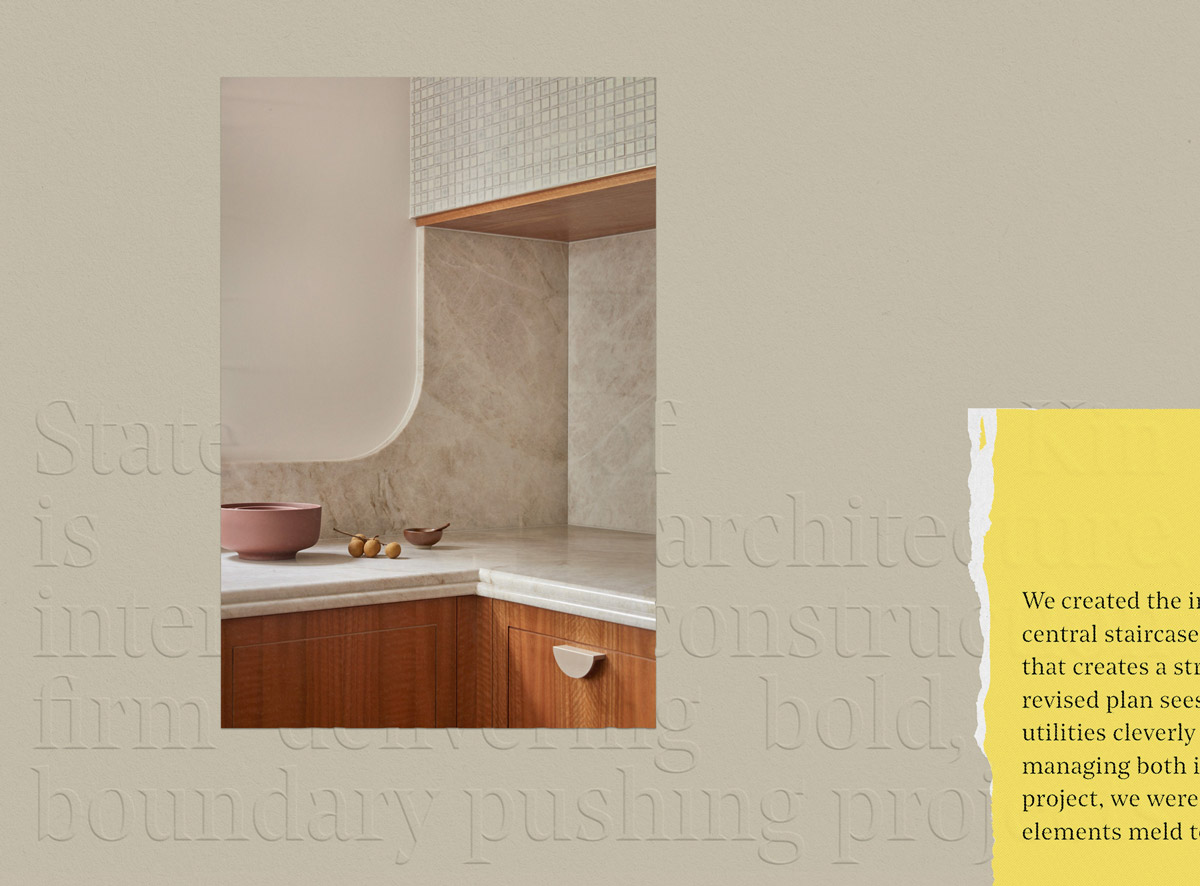 A collage made of a photo of a clean kitchen corner showcasing elements of timber, marble, and tile, a torn yellow paper with text, and a light brown embossed with text from the State of Kin website.
